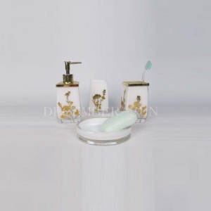 Quadrado branco com acessórios de banho de vidro decalcado em ouro com suporte para escova de dentes